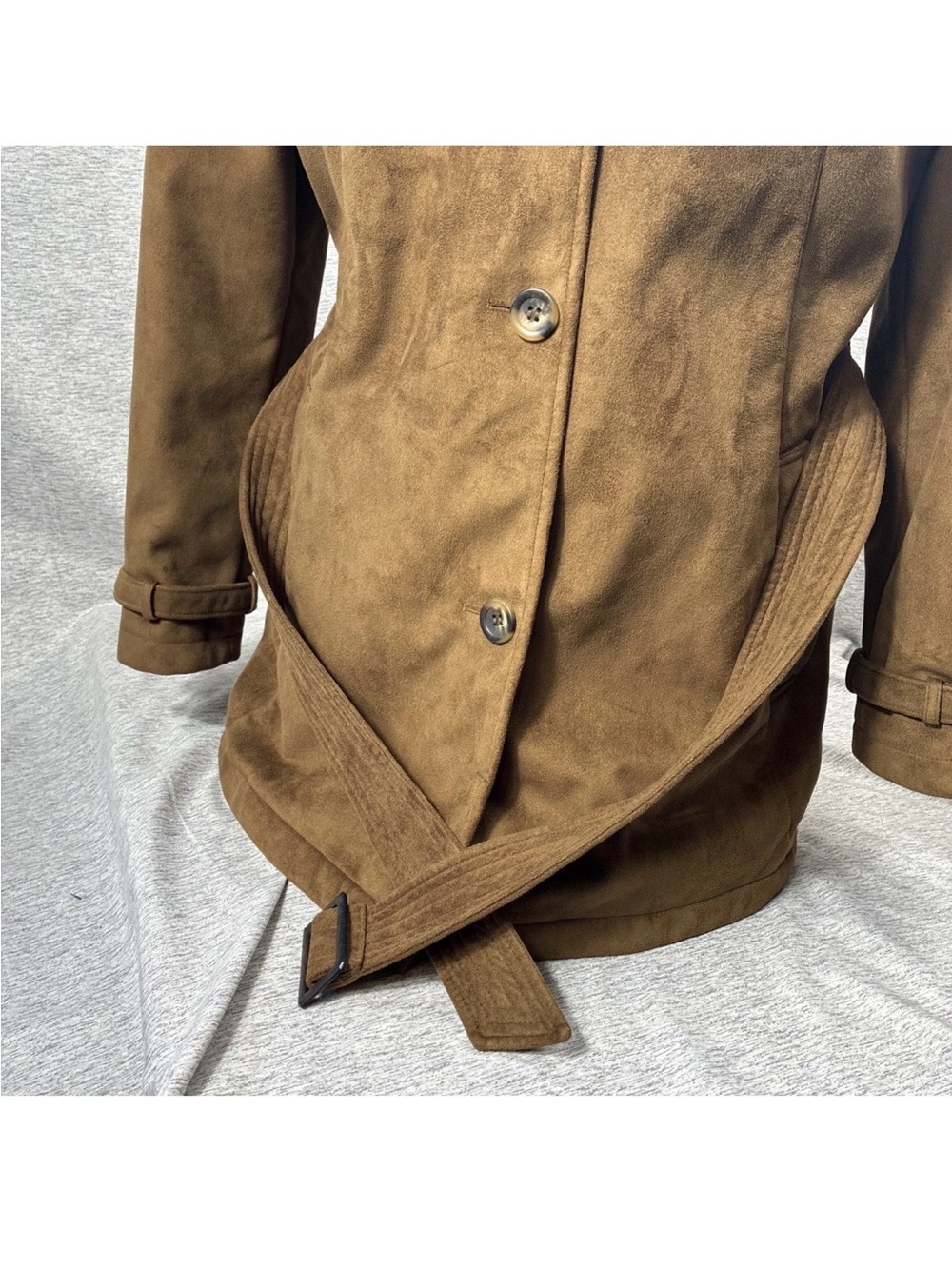 Jones NY Brown Trench Women XL Rich Earthy Brown Vegan Faux Suede Strong Femme - Picture 10 of 15